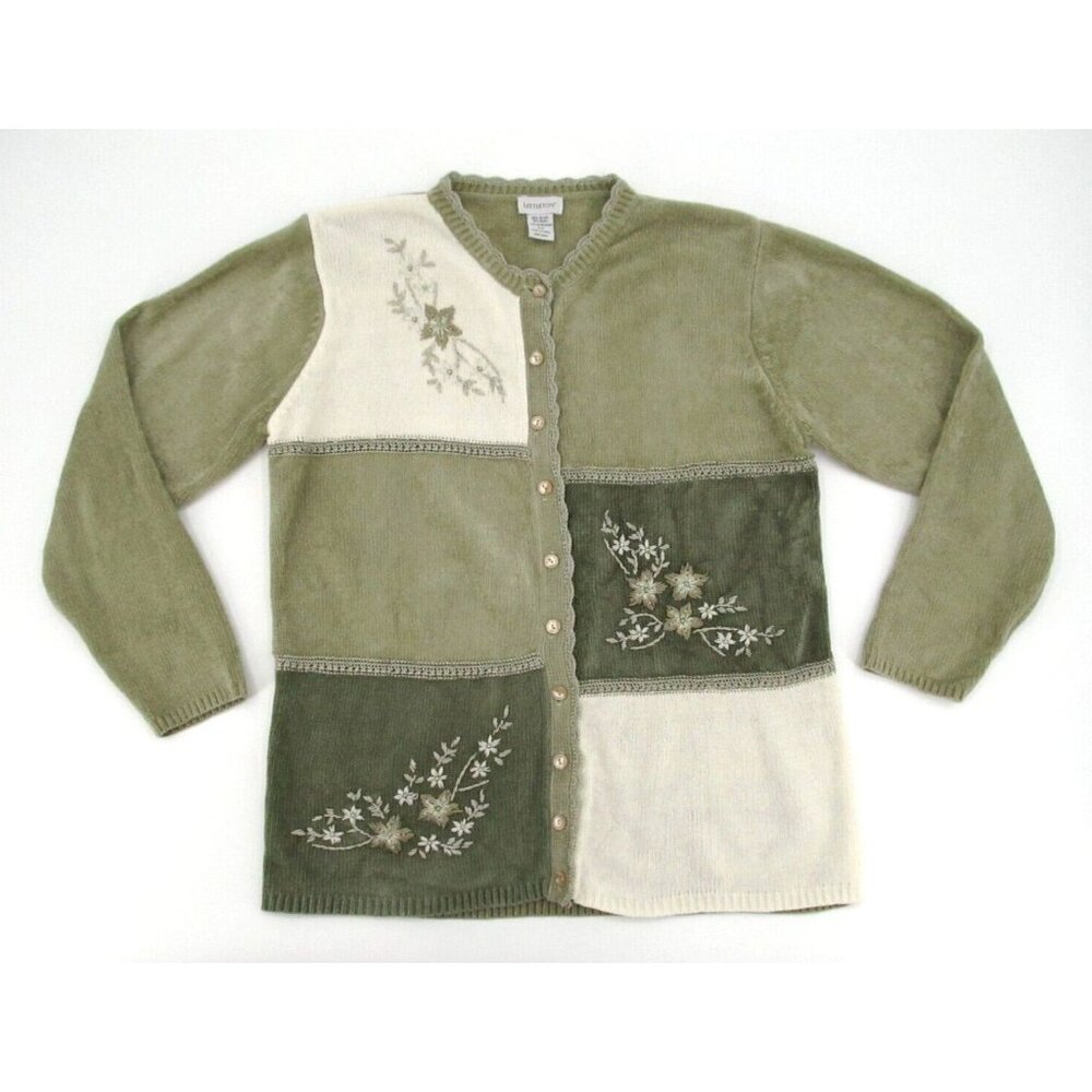 Vtg 90s Littleton Cardigan Sweater Womens Medium Green Button Floral Embroidered